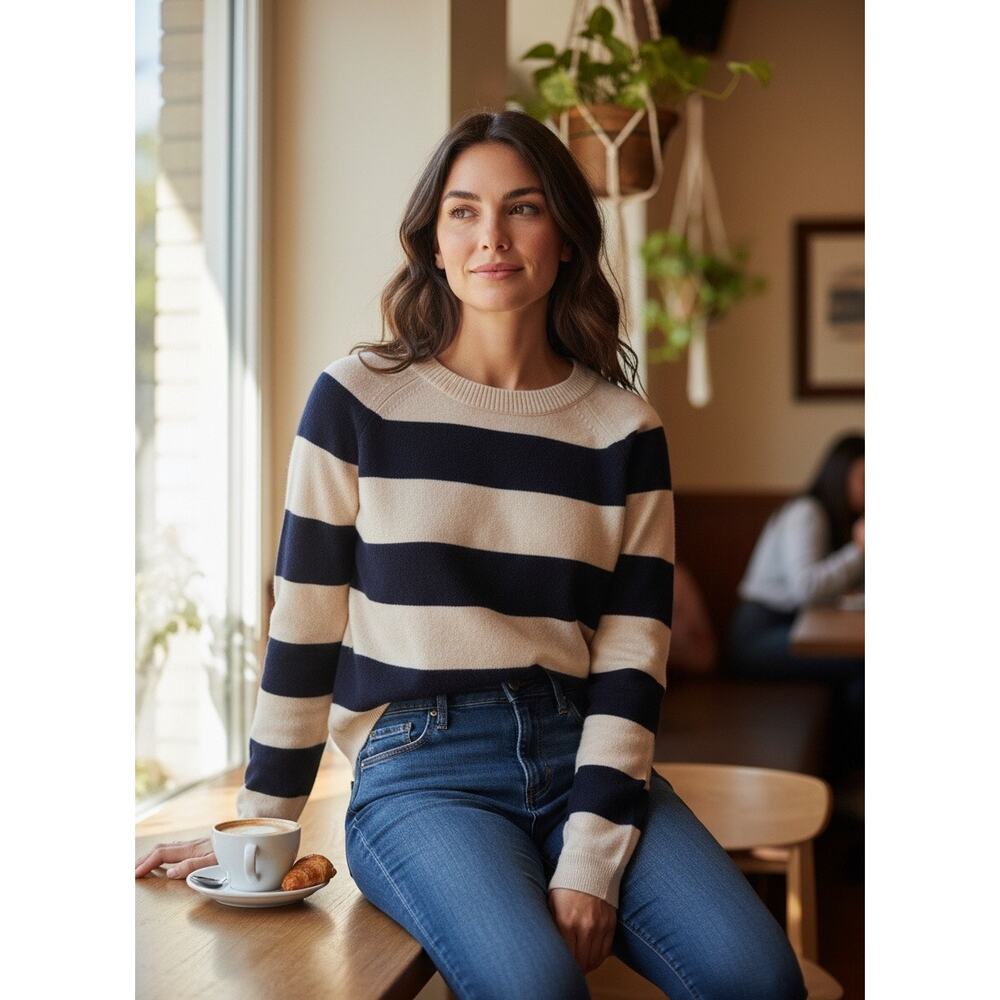 J. Crew Collection 100% Italian Cashmere Sweater Navy Cream Stripe Size S NWT